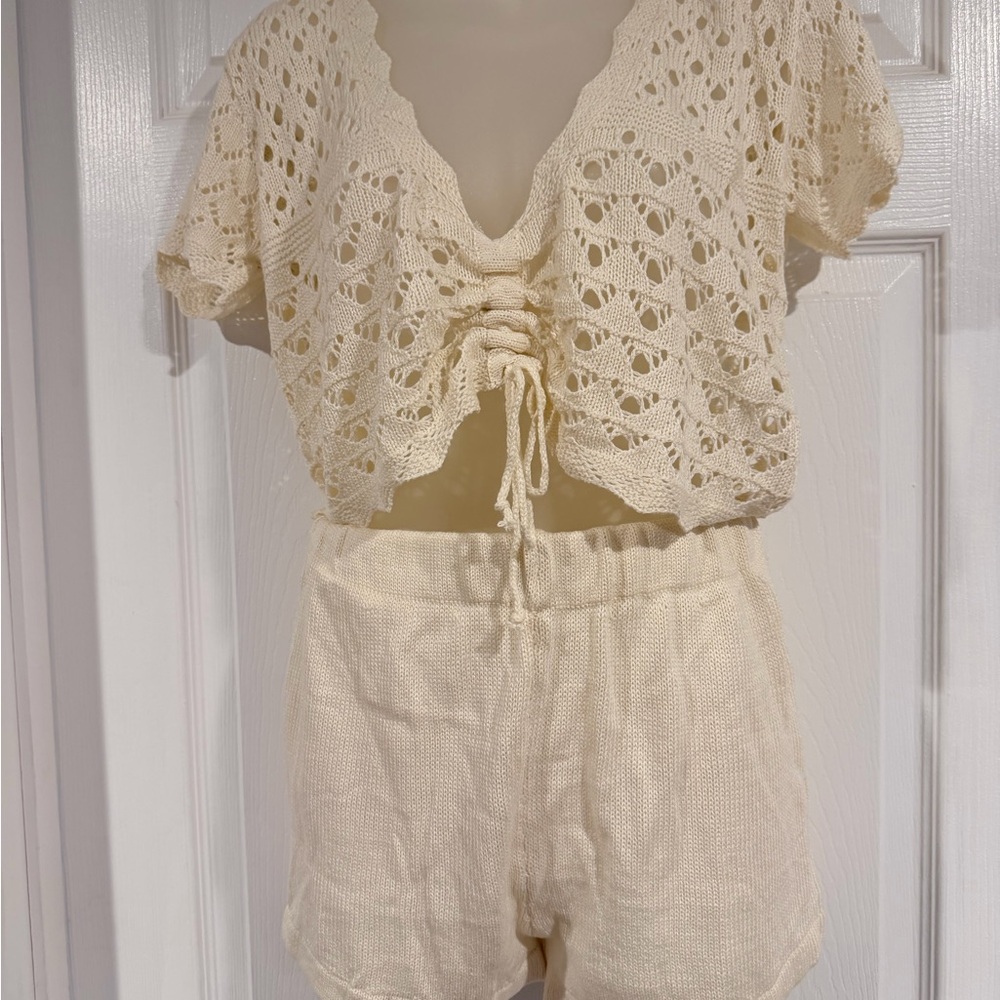 SHEIN Cream Crochet Drawstring Swim Coverup Top and Shorts Set